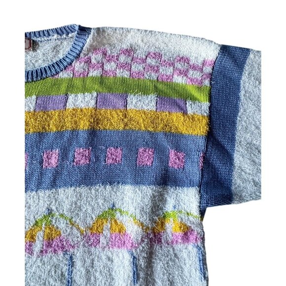 Vintage Pronto Moda 80s 90s Women's Sz L Pink Blue Striped Checkered Sweater - Picture 7 of 8